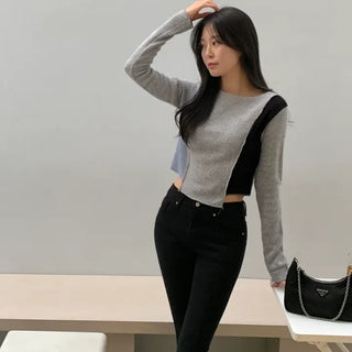 Morena Asymmetrical Color Block Round Semi-Crop Knit