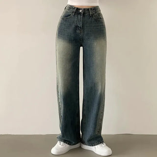 Guaranteed Fit, Medium Blue High-Waisted Straight Wide Long Denim Pants