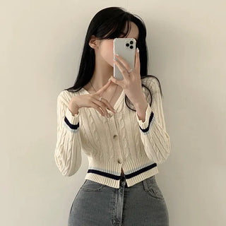 Slimming Cable Knit V-Neck Contrast Crop Cardigan
