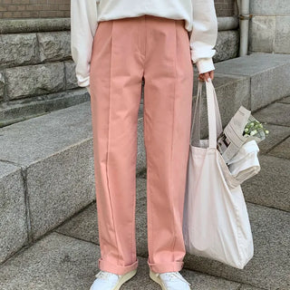 Pink Semi-Wide Pintuck Cotton Pants