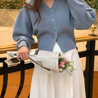 Spring Cardigan V-neck Puff Knit Cardigan