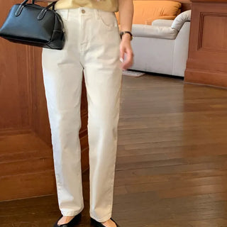 Petite Pants Hidden Elastic Waist Slim Straight Cotton Pants  Ivory Beige Black
