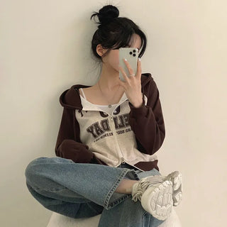 Cute Avant-garde Fit, Two-Way Contrast Lettering Crop Zip-Up Hoodie