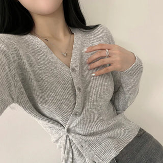 Full of Delicacy, Bamboo Two-Way Ribbed V-Neck Knit Cardigan
