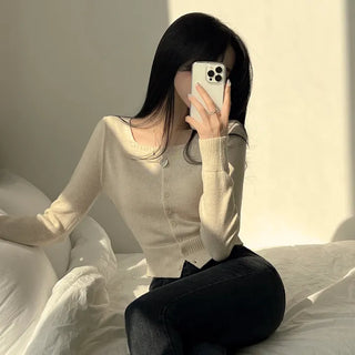 Pastel Colors, Cashmere Square Neck Crop Knit Cardigan