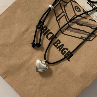 Volume Heart Black Twisted Thread Necklace Adjustable Length