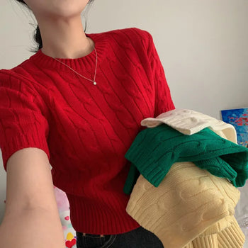 [Planning/Solid] Cherry Basic Cable Knit Round Short Sleeve (6 colors)
