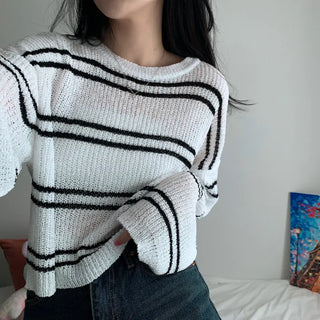 [Loose Fit/Delicate~] Summer See-through Semi-Crop Striped Knit (5 colors)