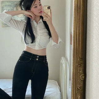 Glam Delicate Spandex Chest Shirred Crop Shirt