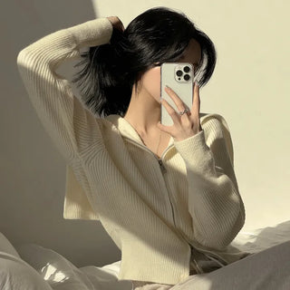Cute Oversized Fit, Two-Way Sailor Collar Crop Zip-Up Knit Cardigan