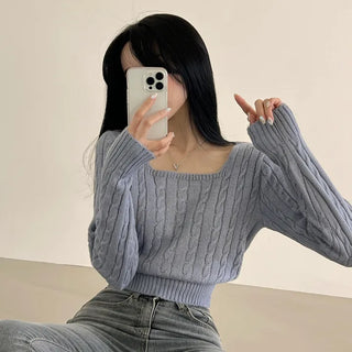 Slim Fit, Cable Knit Square Neck Crop Long Sleeve Knit
