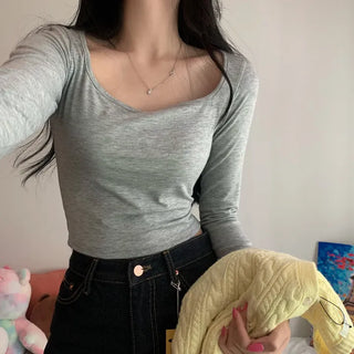 [Spring New Arrival/U-Neck ver.] Off-shoulder Crop Inner Layering Long Sleeve Tee (5 colors)