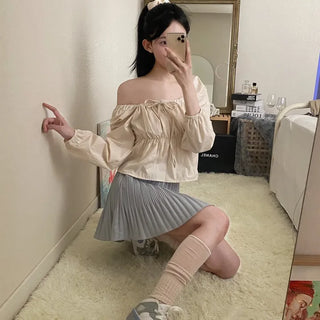 Spring Square Neck Shirred Blouse Shirt Way Off-Shoulder