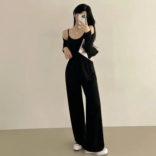 Flowy Cropped Long-Sleeve Cardigan + Sleeveless Top + Elastic Wide-Leg Training Pants Three-Piece Set