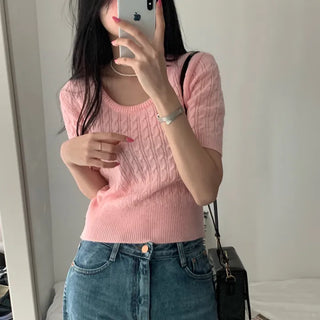 [Slim Fit/New Spring Arrival] Tio Cable Round U-Neck Short Sleeve Knit (8 colors)