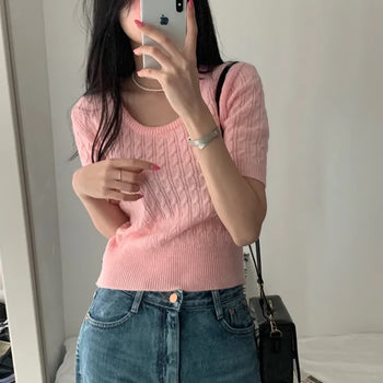 [Slim Fit/New Spring Arrival] Tio Cable Round U-Neck Short Sleeve Knit (8 colors)