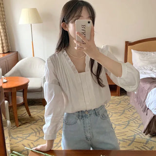Spring Blouse Square Puff Frill Lace Pintuck Blouse