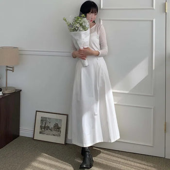 Pintuck long skirt, back elastic, flare skirt
