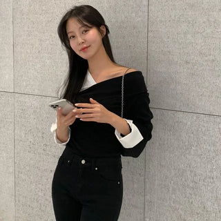 Merries Color Block Asymmetrical Diagonal Off-Shoulder Shirt Knit