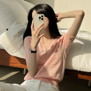 Cotton Candy Soft, Cashmere Fluffy Basic V-Neck Short Sleeve Knit