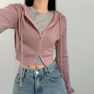 [Until midsummer~/Prevents fat accumulation/Cinched waist] Attention See-through Two-way Crop Zip-up Hoodie (4 colors)