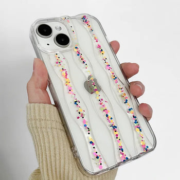 Round Glossy 3D Wavy Embossed Glitter iPhone Transparent Case