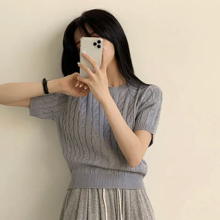 Comfortable Relaxed Fit, Cable Knit Round Cropped Short Sleeve Knit