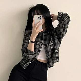 Lightweight until summer, Check Pocket Crop Long Sleeve Shirt