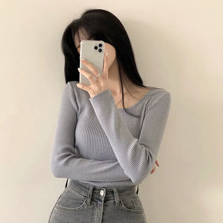 Creamy Colors, Ribbed U-Neck Slim Long Sleeve Knit