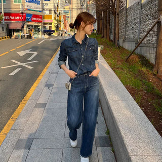 Matching Set Diagonal Pocket Stitch Semi-Wide Denim Pants 2 Colors