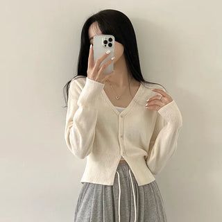 Waist-cinched~ Cotton V-neck Crop Knit Cardigan