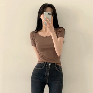 The basic tee I've been looking for, stretchy plain U-neck short-sleeve t-shirt