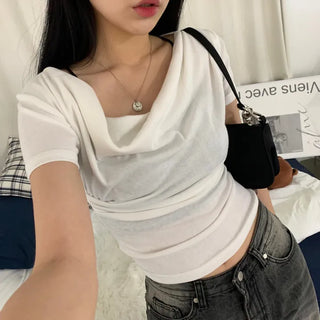 Asymmetrical Shirred Short Sleeve T-shirt (3 colors)