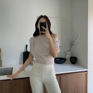 Wood Asymmetrical Shirred Blouse