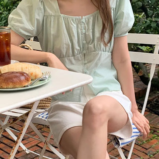 Summer Square Neck Puff Shirred Crop Blouse