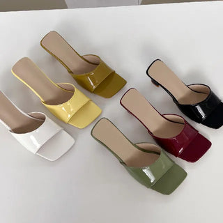 Enamel Mule Heel Strap Summer Slippers Wedding Guest Look Heel Square Simple Loafers