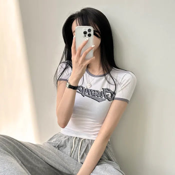 Hip Mood, Bracket Color Block Vintage Lettering Short Sleeve T-shirt