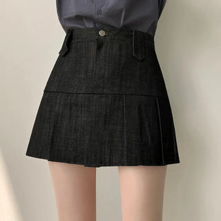 Lovely Mood, Raw Denim Elastic Waist Back Pleated Mini Skirt