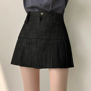 Lovely Mood, Raw Denim Elastic Waist Back Pleated Mini Skirt