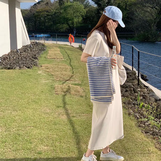 Summer Dress: Firm, Non-Sagging Loose-Fit Cotton Short-Sleeve Long Dress