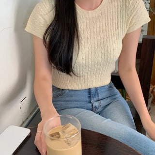 Payell Cable Knit Round Neck Short Sleeve Knit
