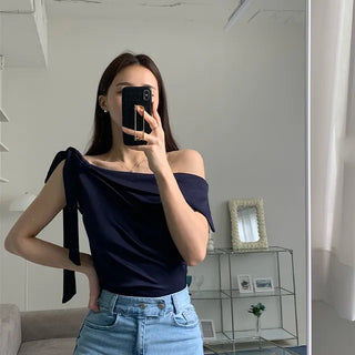 Glossy Strap Ribbon Off-Shoulder Blouse