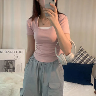 [Cinched Waist] Mugwort Latte Rounded Square Neck Ribbed Short Sleeve T-shirt (4 colors)