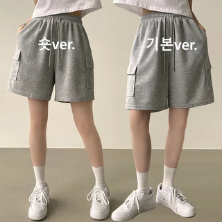 Wide-leg High-waisted Elastic Cargo Pocket Training Shorts