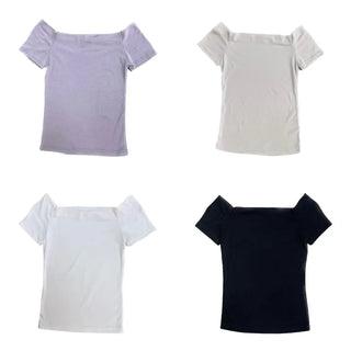 [Non-slip/Slim Fit] Print Long Off-Shoulder Short Sleeve T-shirt (4 colors)