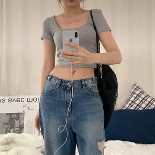 [Fit Guaranteed/100% Cotton/Square Version] Basic Plain Cropped Short Sleeve T-shirt (5 colors)