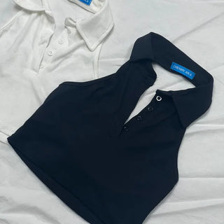 Collared Button Halter Neck