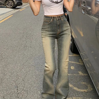 High-waisted washed bootcut pants