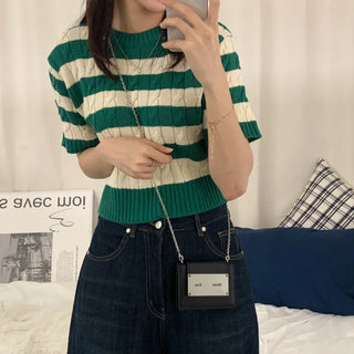 [Arm Cover/Delicate/Pretty!] Striped Semi-Crop Short Sleeve Knit (3 colors)