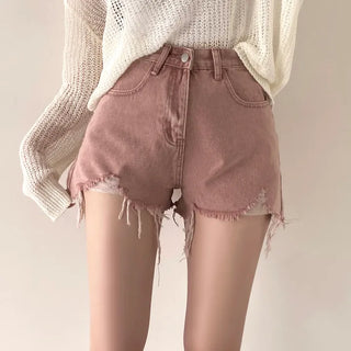 Damaged Details, High-Waisted Vintage Washed Cut-Off Denim Shorts
